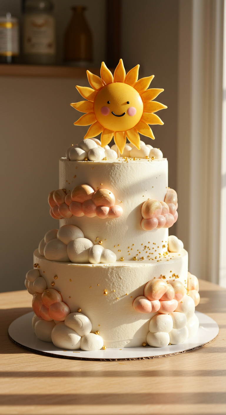 Zweistöckige weiße Torte mit pastellrosa Wolken und großem Sonnen-Topper.