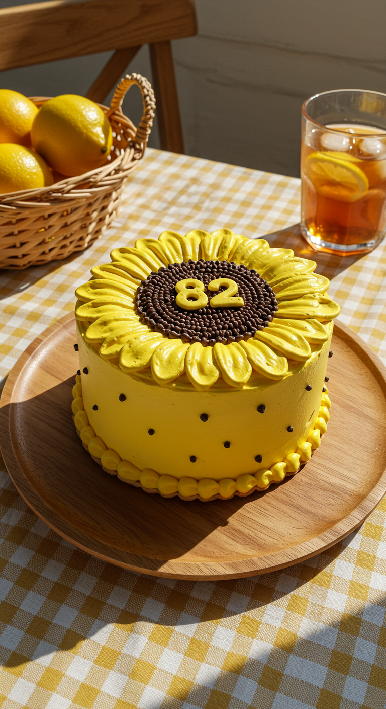 Gelber Kuchen in Sonnenblumenform mit brauner Mitte und Zahl 82.