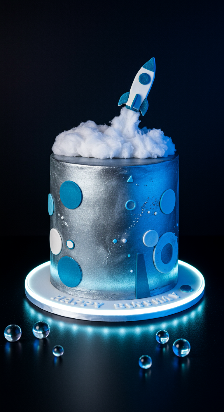 Silberne Torte mit Raketen-Topper, der aus Zuckerwatte-Rauch aufsteigt.
