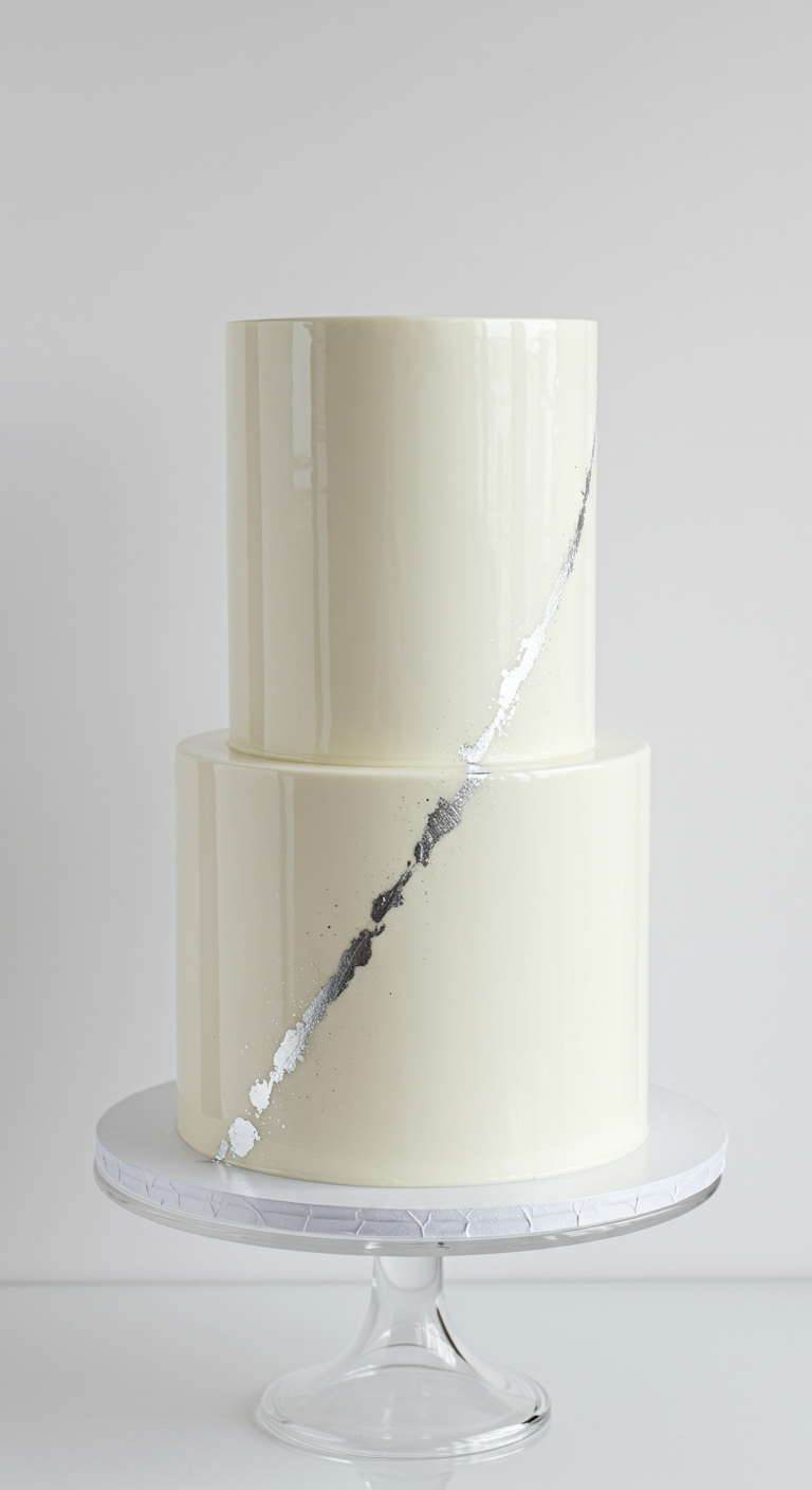 Zweistöckige weiße Torte mit Hochglanz-Finish und Silberakzent.
