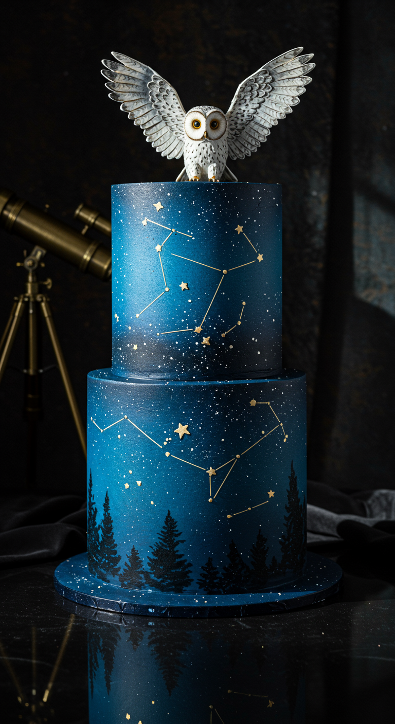 Zweistöckige dunkelblaue Torte mit Sternbildern und einer Eulenfigur obendrauf.