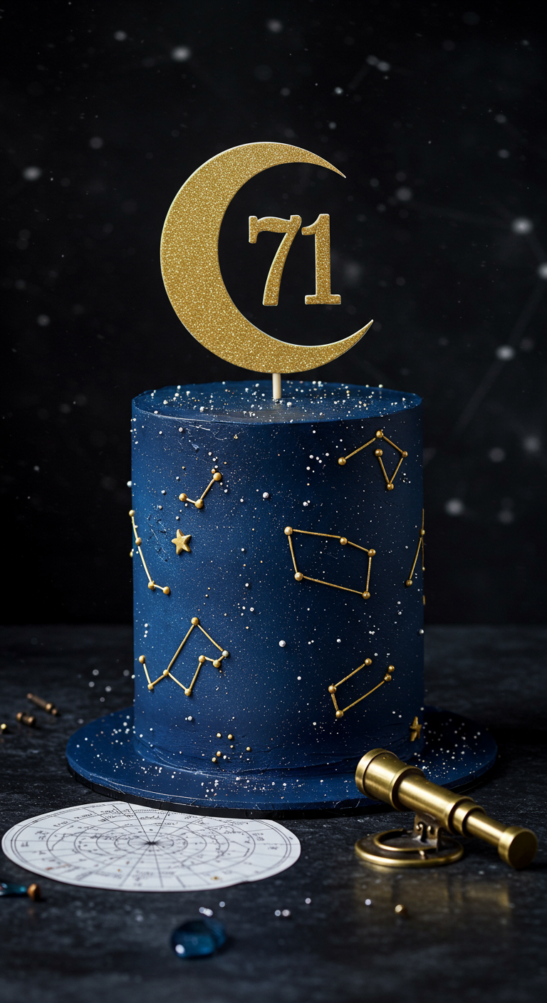 Dunkelblaue Torte mit goldenen Sternbildern, Sternenstaub und goldenem Mond-Topper