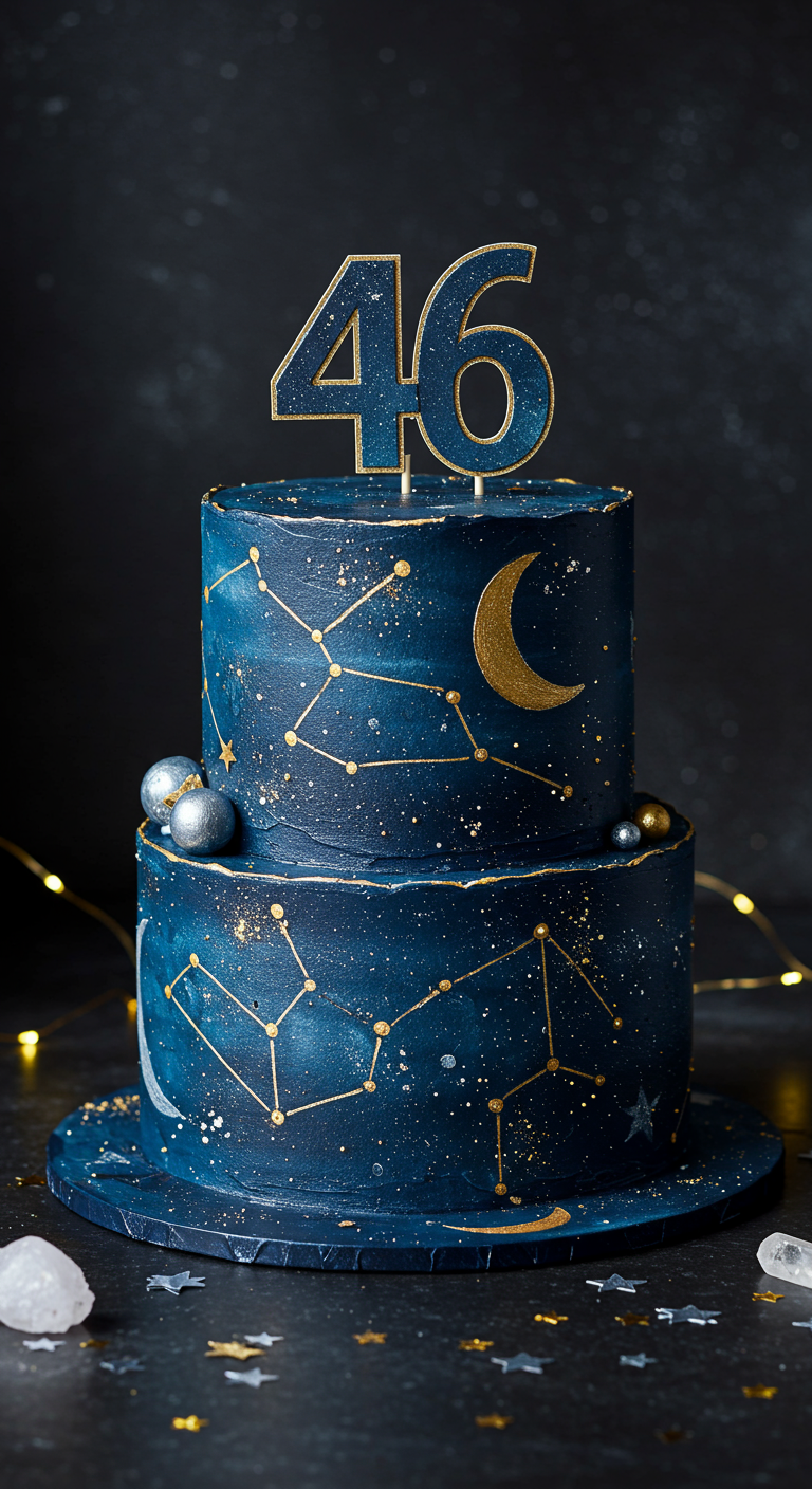 Zweistöckige dunkelblaue Torte mit goldenen Sternbildern und Mond, Zahl 46.