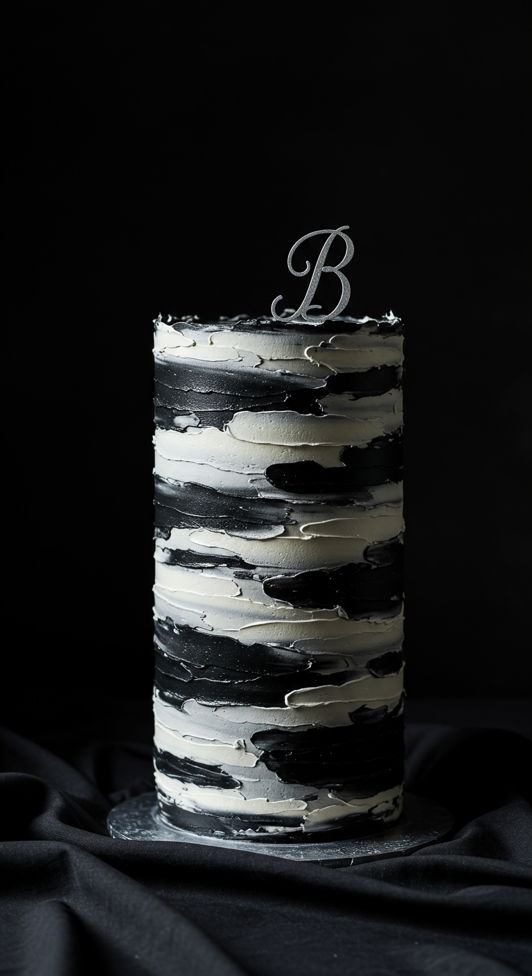 Hohe, zylindrische Torte mit verwischten schwarz-weißen vertikalen Streifen und einem „B“-Topper.