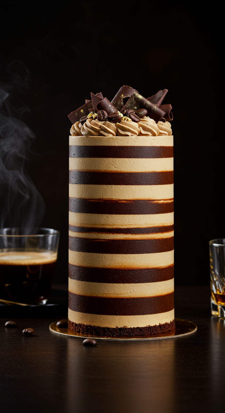 Hohe gestreifte Torte in Braun- und Beigetönen mit Schokodekor und Kaffeebohnen.
