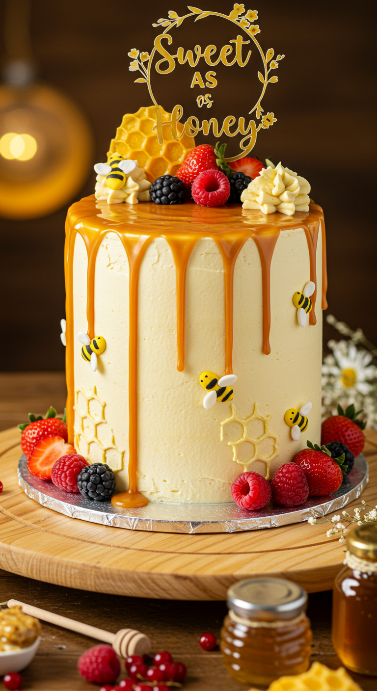 Torte mit Honigwabenmuster, Karamell-Drip, Bienenfiguren und Beeren.