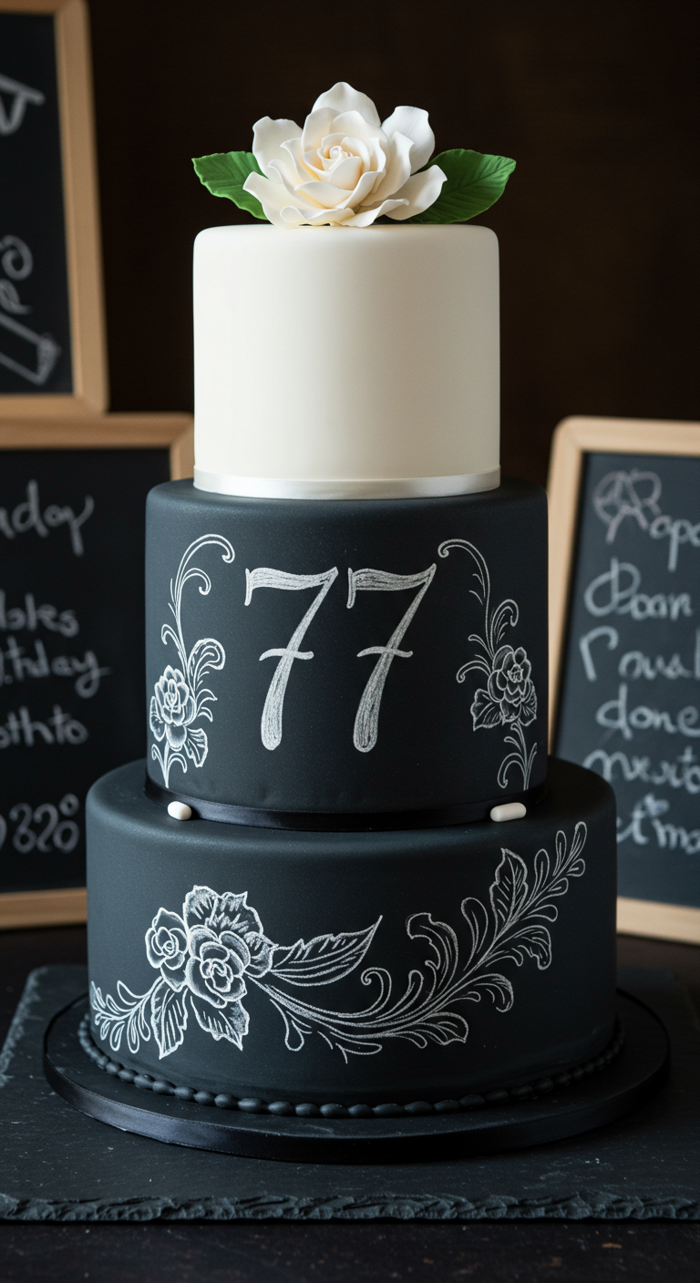 Dreistöckige Torte in Schwarz-Weiß, mittlere Etage wie eine Tafel mit Kreide bemalt.