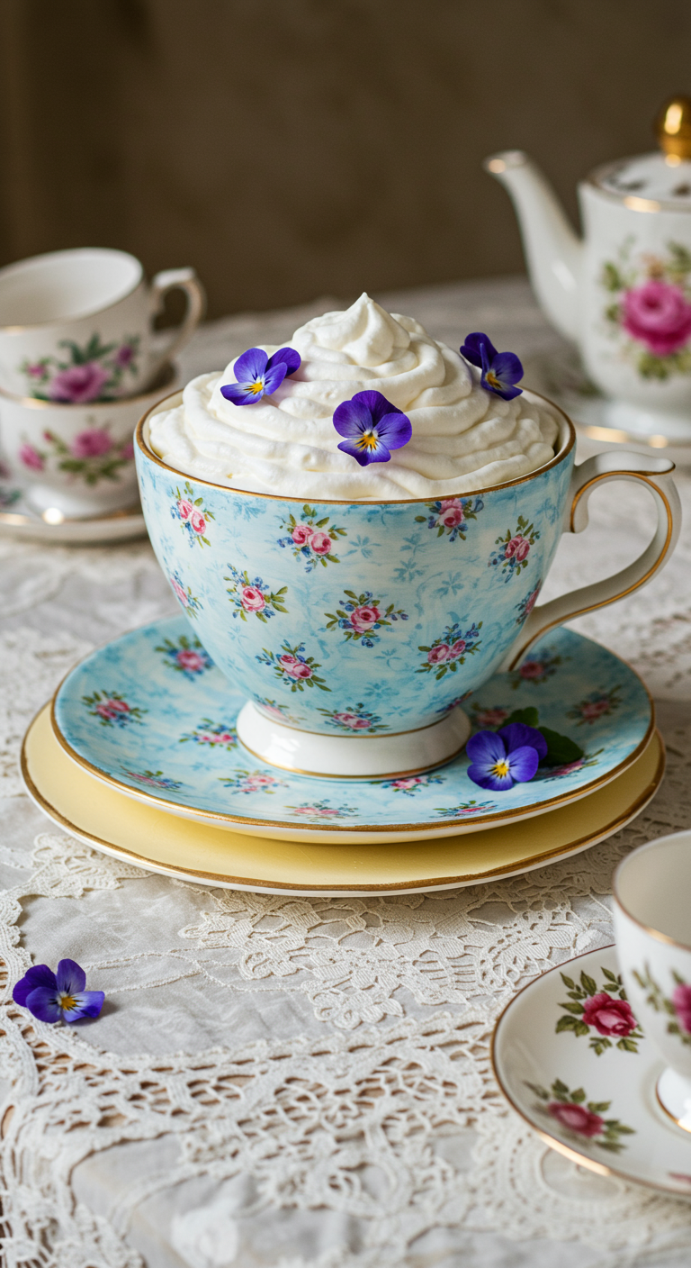 Kuchen in einer blumigen Teetasse, getoppt mit Sahne und Stiefmütterchen.
