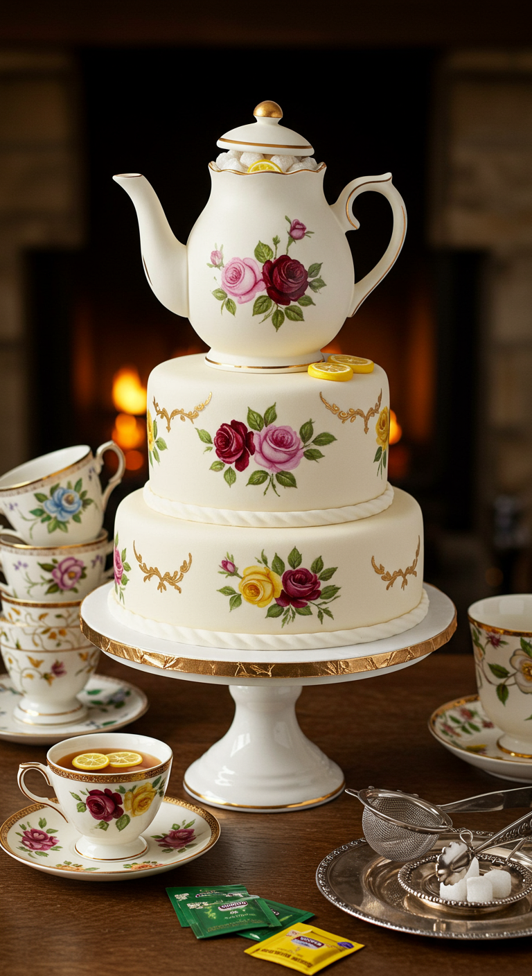 Zweistöckige weiße Torte mit aufgemalten Rosen und einer Teekanne als Topper.