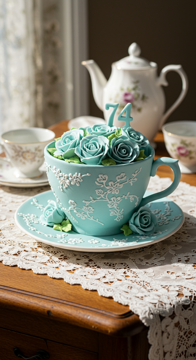 Torte in Form einer türkisfarbenen Teetasse, gefüllt mit türkisen Zuckerrosen.