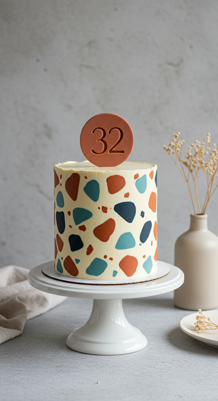 Cremefarbene Torte mit bunten Terrazzo-Flecken und einem runden 32-Topper.