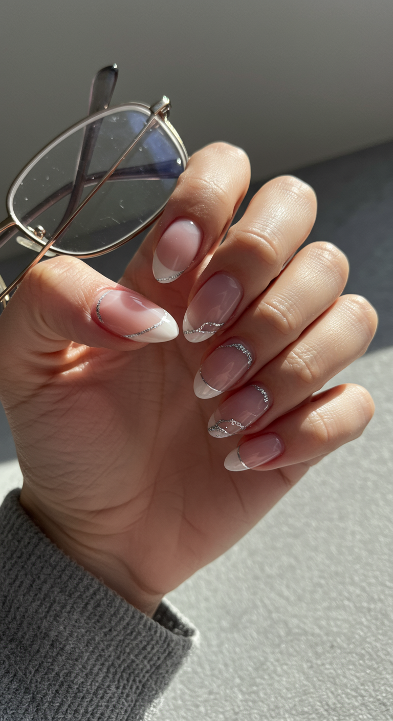 Mandelförmige Nägel mit klassischen weißen French-Tips und einer dünnen silbernen Glitzerwelle.