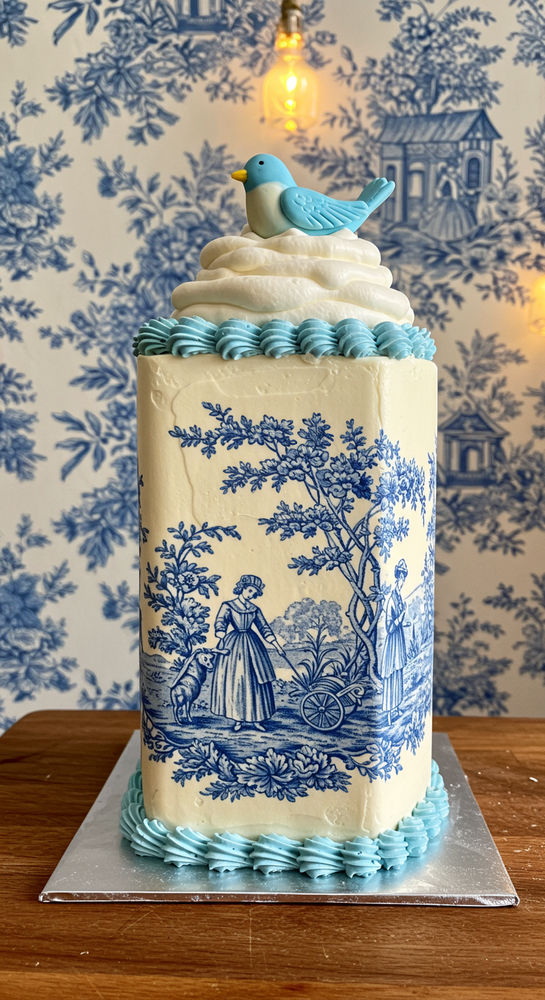 Hohe Torte mit blau-weißem Toile-de-Jouy-Muster und blauem Vogel.