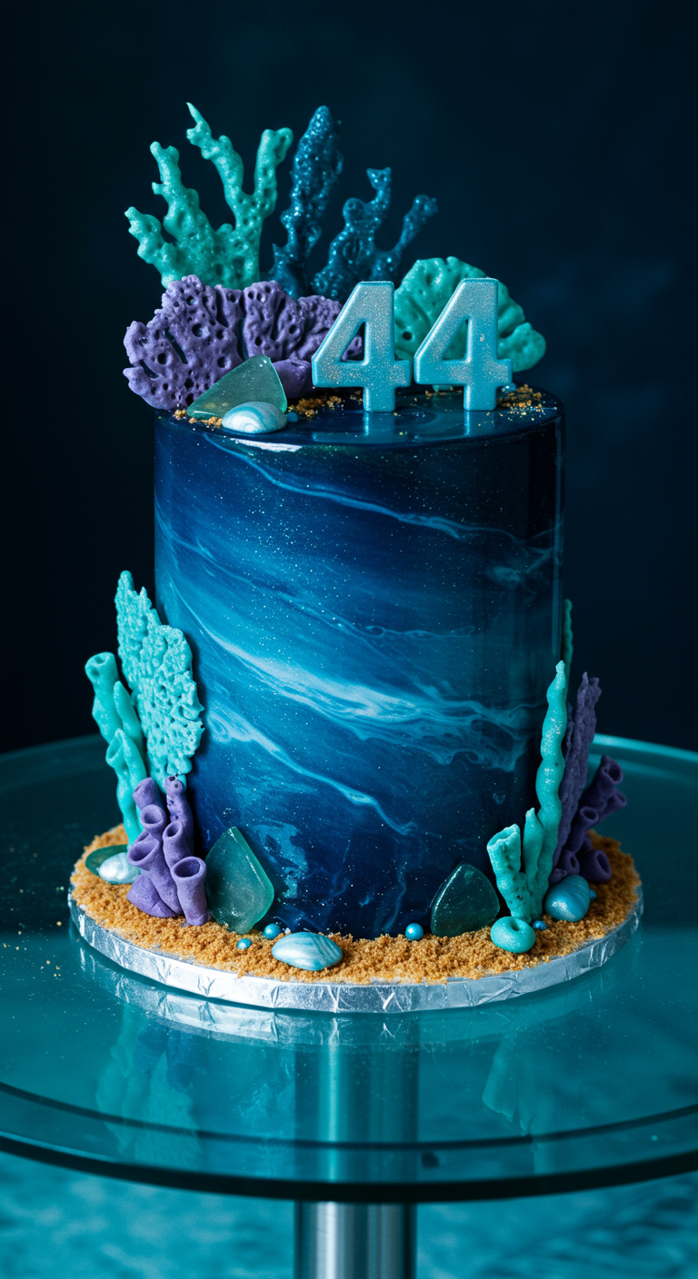 Dunkelblaue Torte mit marmoriertem Effekt, türkisen und lila Korallen und silbernen Akzenten.