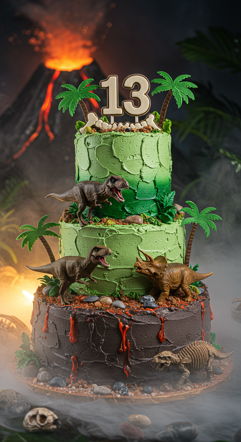 Mehrstöckige Torte mit Dinosauriern, Palmen und einem Vulkan als Basis.