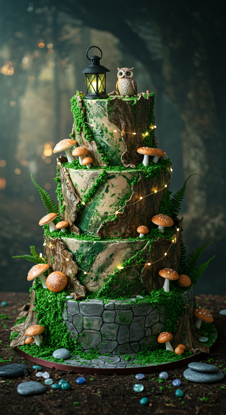 Mehrstöckige Waldtorte mit Baumrindenoptik, Moos, Pilzen und einer Lichterkette.