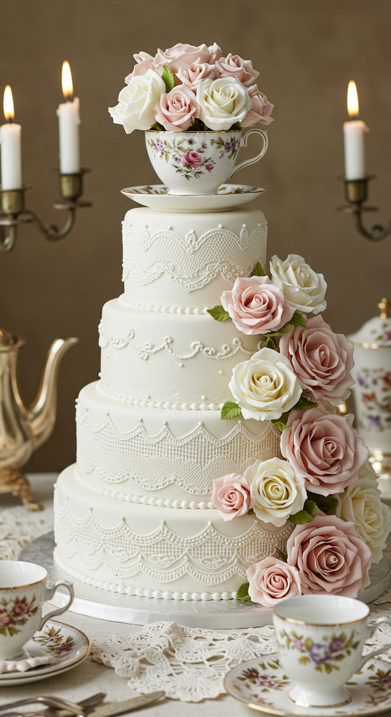 Mehrstöckige weiße Torte mit Spitzenmuster, rosa und weißen Zuckerrosen und Teetassen-Topper.