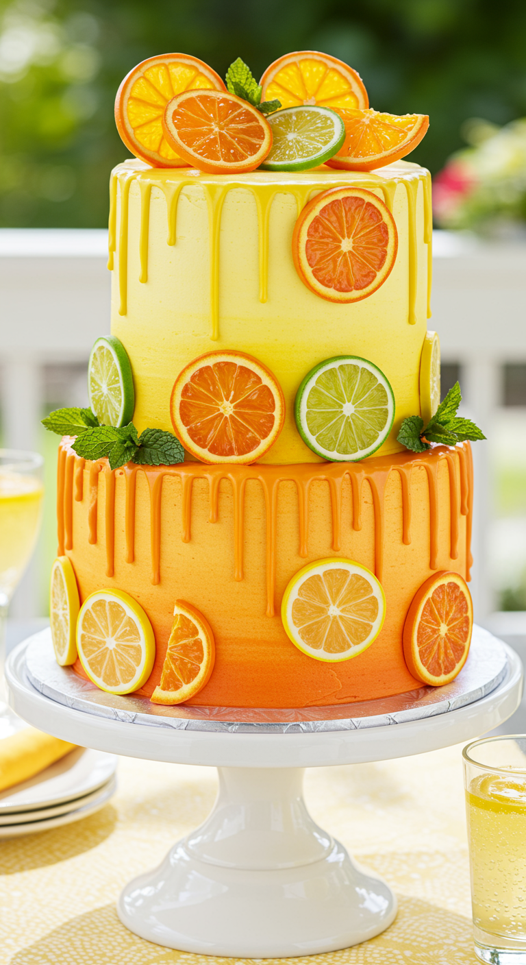 Zweistöckige orange-gelbe Torte mit Zitronen- und Limettenscheiben und Drip-Effekt.