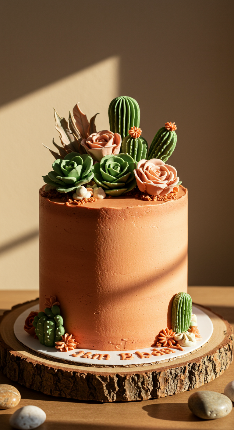 Terrakottafarbene Torte, dekoriert mit verschiedenen Sukkulenten und Kakteen aus Zucker, auf einer Holzscheibe.