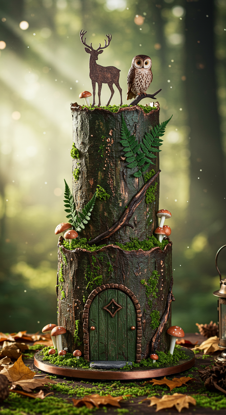 Zweistöckige Wald-Torte mit Baumrinden-Optik, Moos und Waldtieren.