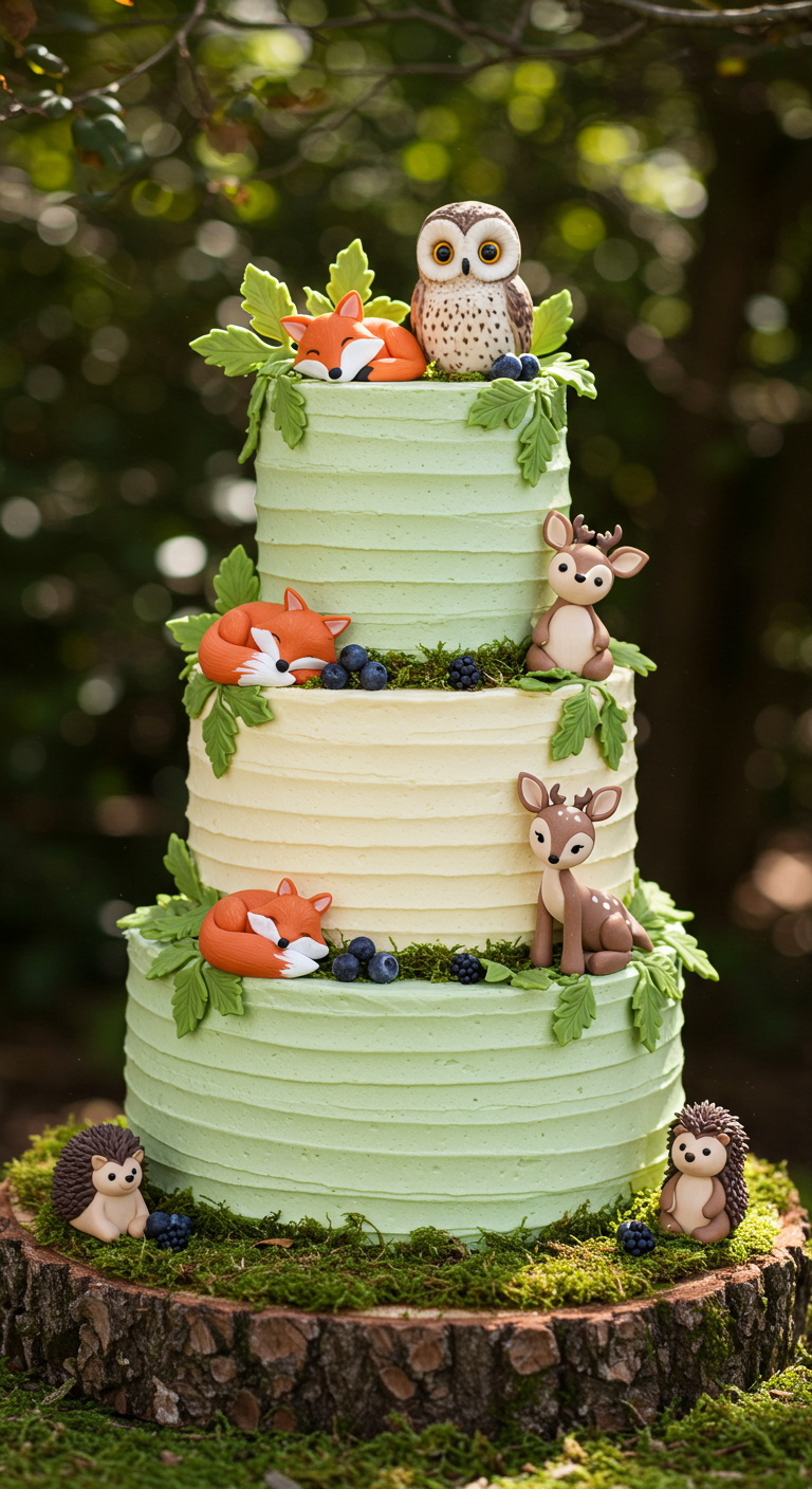 Pastellgrüne Torte mit süßen Waldfreunden aus Fondant