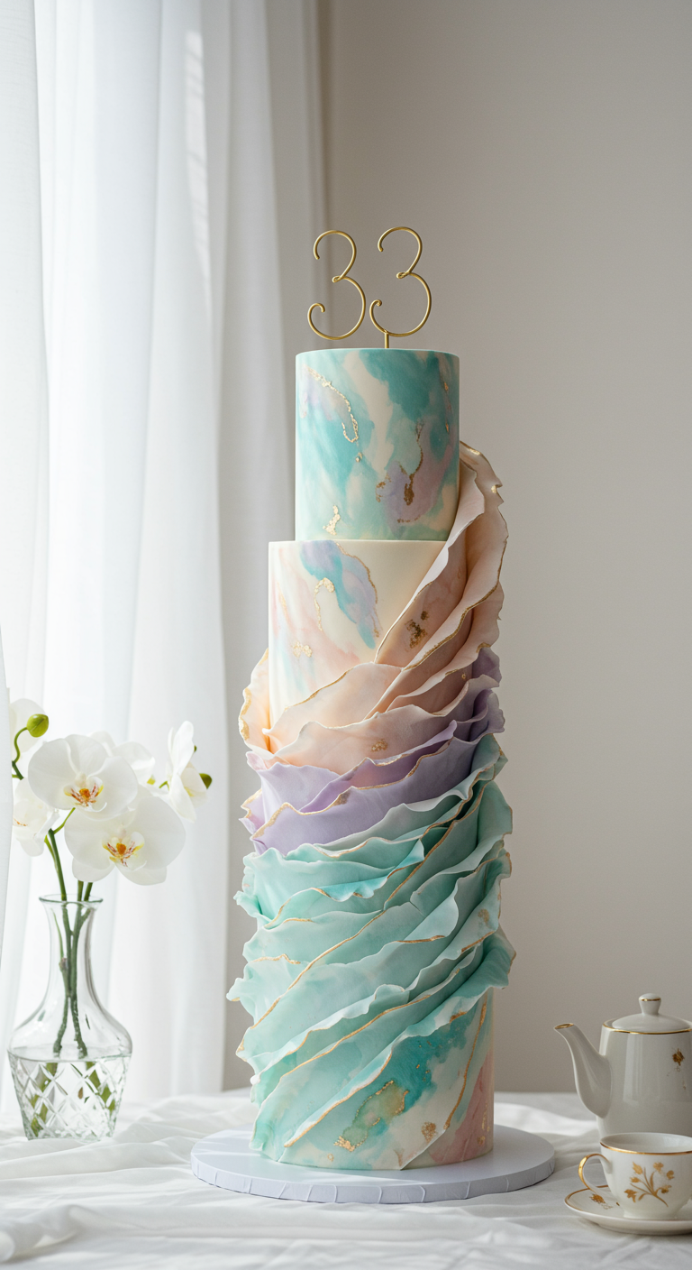 Hohe Torte: pastell-marmorierte Etagen, Kaskade aus zarten, goldgeränderten Rüschen, '33' Topper.