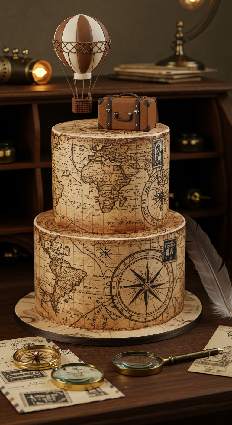 Torte mit Weltkarten-Design, Heißluftballon, Koffer.