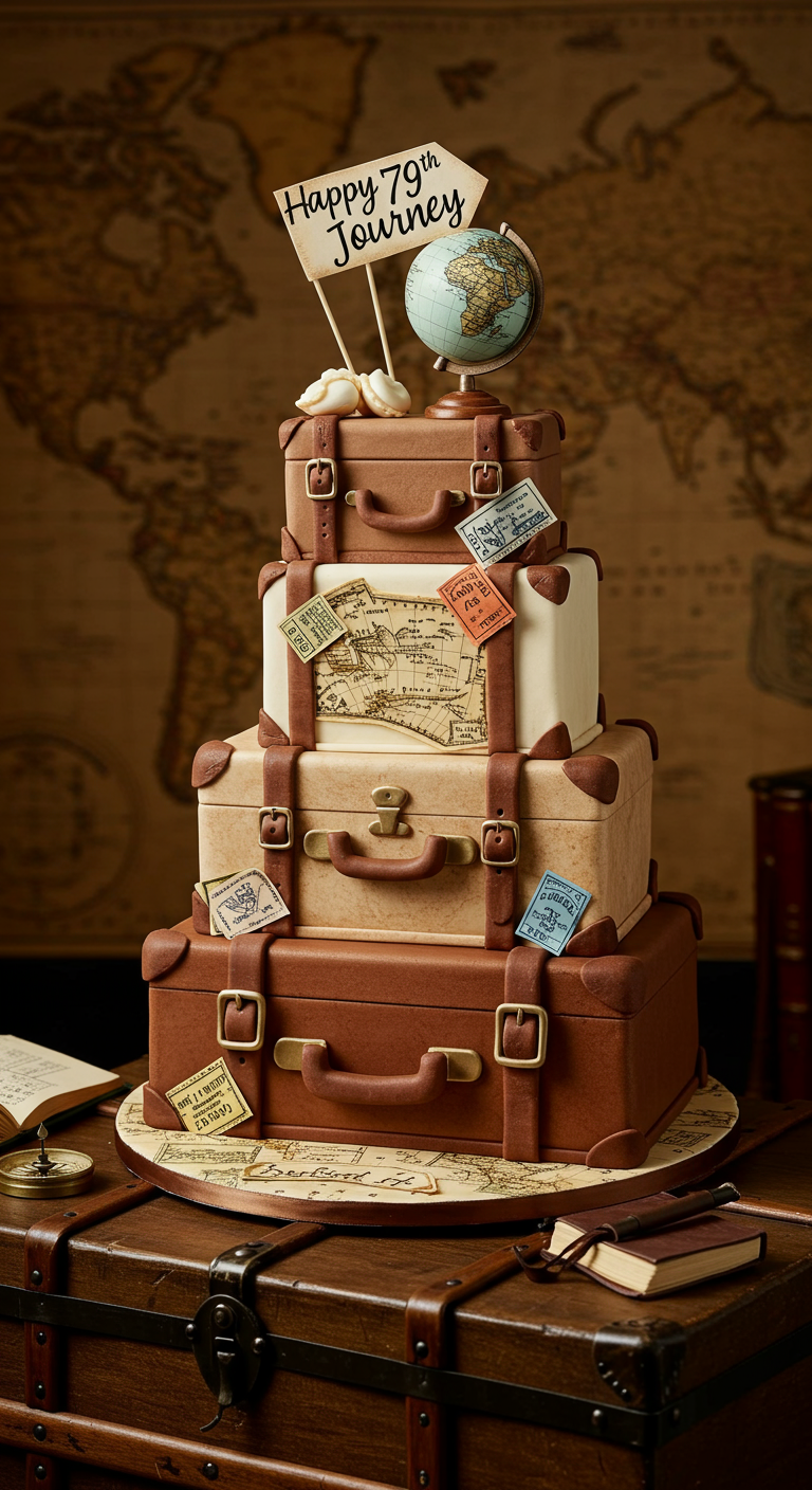 Dreistöckige Torte in Form von gestapelten Vintage-Koffern mit Reiseaufklebern.