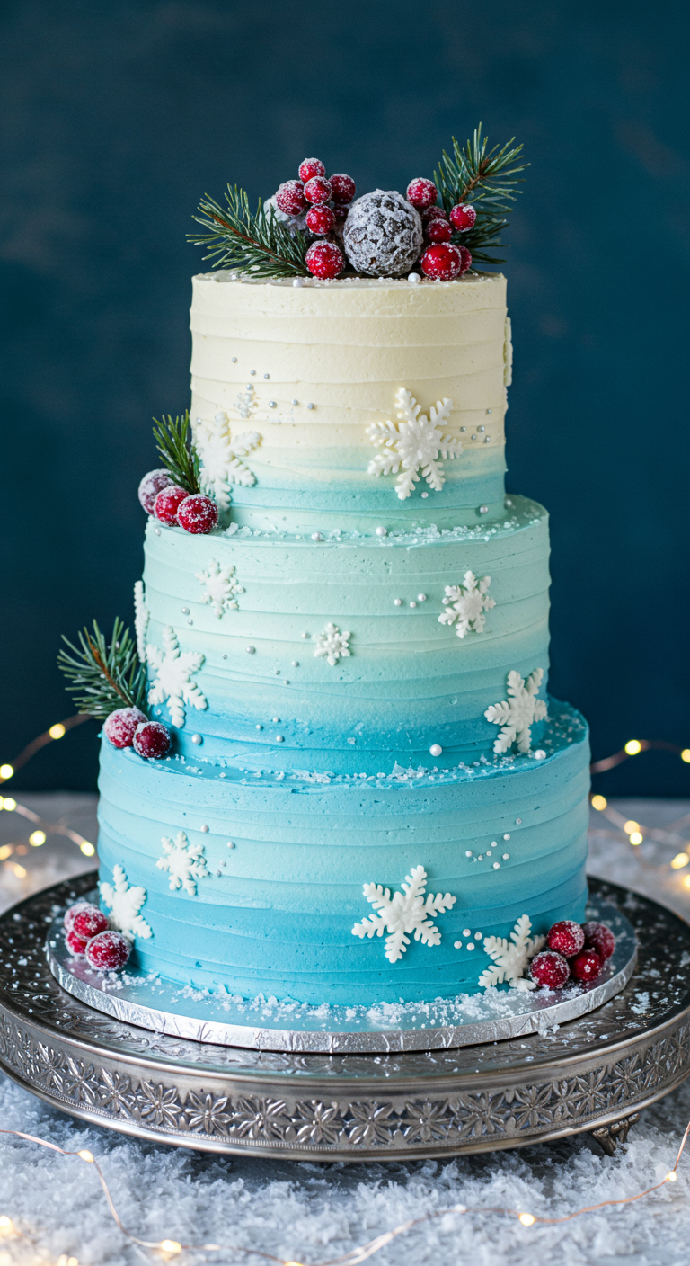 Dreistöckige Wintertorte mit blau-weißem Ombré und Schneeflocken.