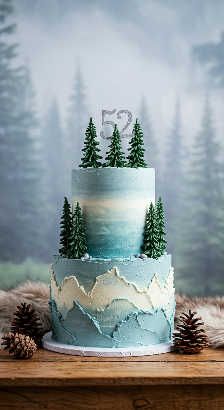 Zweistöckige Torte mit blau-weißem Winterlandschaftsdesign und kleinen Tannenbäumen.