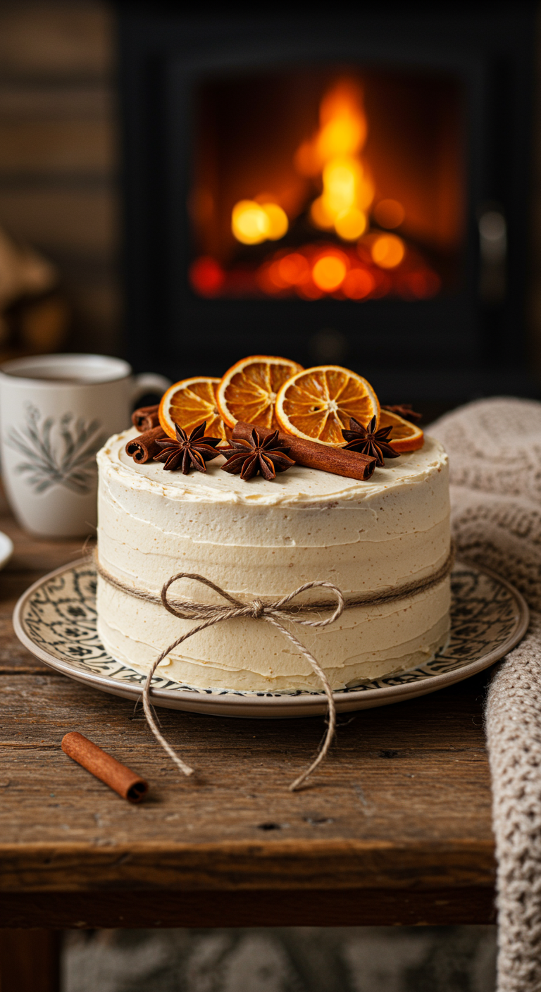 Rustikale Torte mit heller Creme, dekoriert mit getrockneten Orangenscheiben, Zimt und Sternanis.