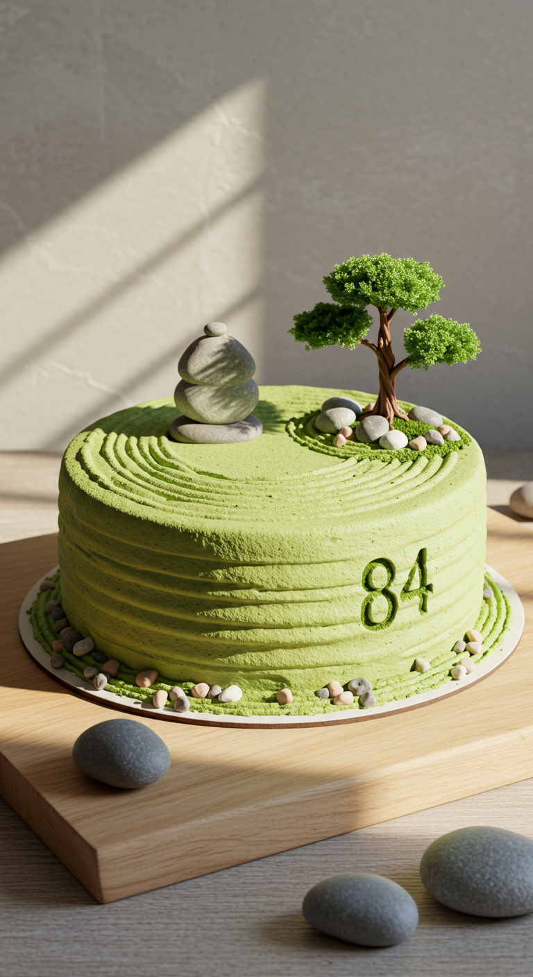 Grüne Torte gestaltet als Zen-Garten mit Steinen, Bonsai und Zahl 84.