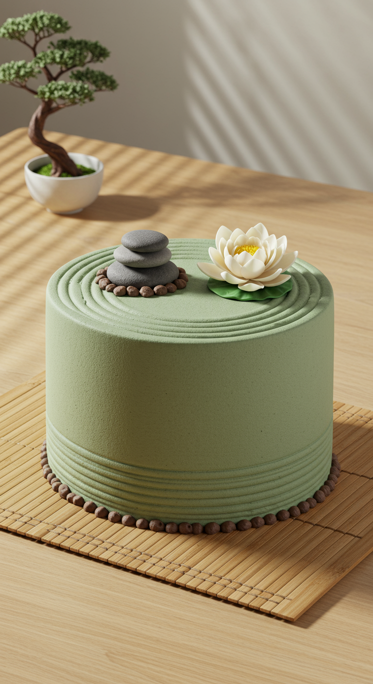 Grüne Zen-Garten-Torte mit Steinen und Lotusblüte.