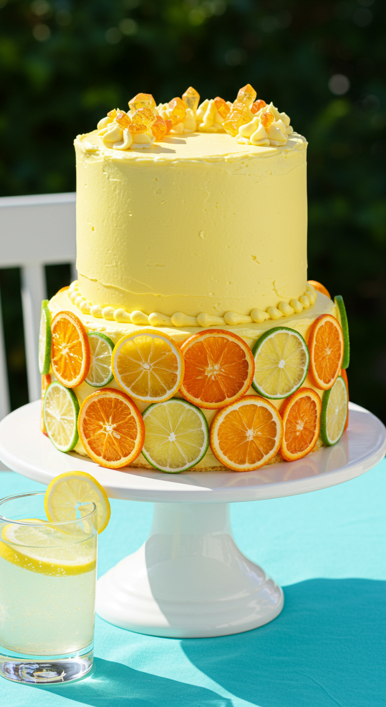 Zweistöckige gelbe Torte, dekoriert mit Zitrusfruchtscheiben und kandiertem Ingwer.