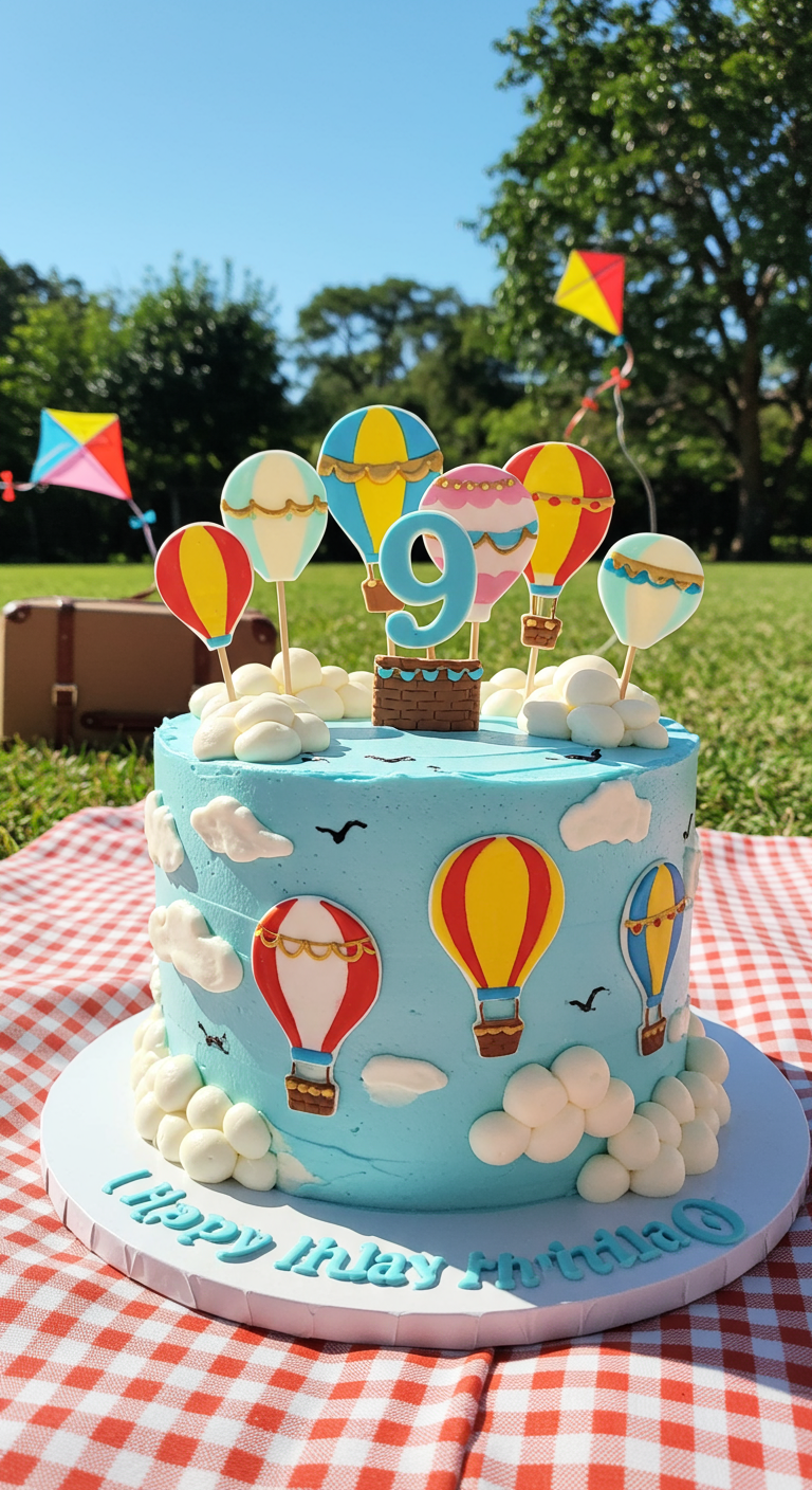 Hellblaue Torte mit bunten Heißluftballon-Toppern, Wolken und einer Picknickdecke im Hintergrund.