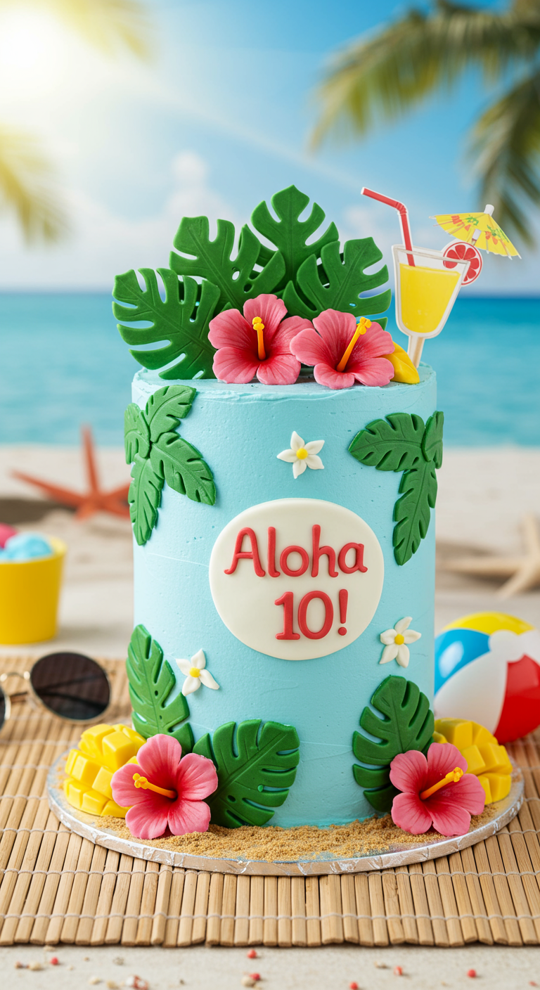 Türkise Torte mit tropischen Blättern, Hibiskusblüten und einem Cocktail-Glas aus Zucker.