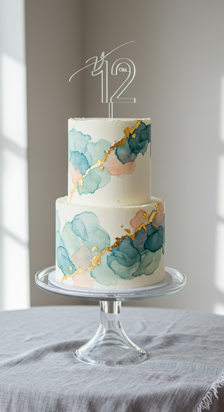 Zweistöckige weiße Torte mit zarten Aquarell-Effekten in Blau-, Grün- und Rosatönen und Goldakzenten.