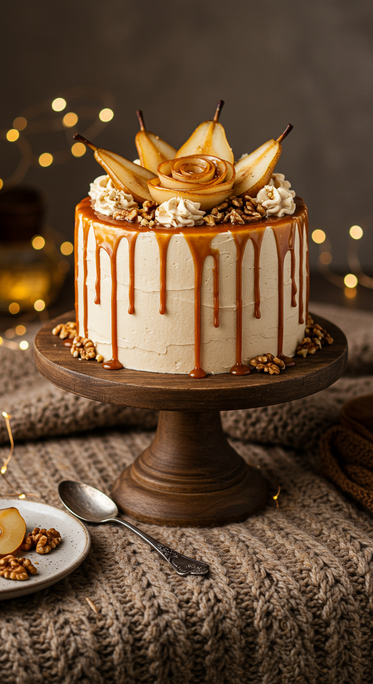 Torte mit Karamell-Drip, Birnenspalten-Rosette und Walnüssen.