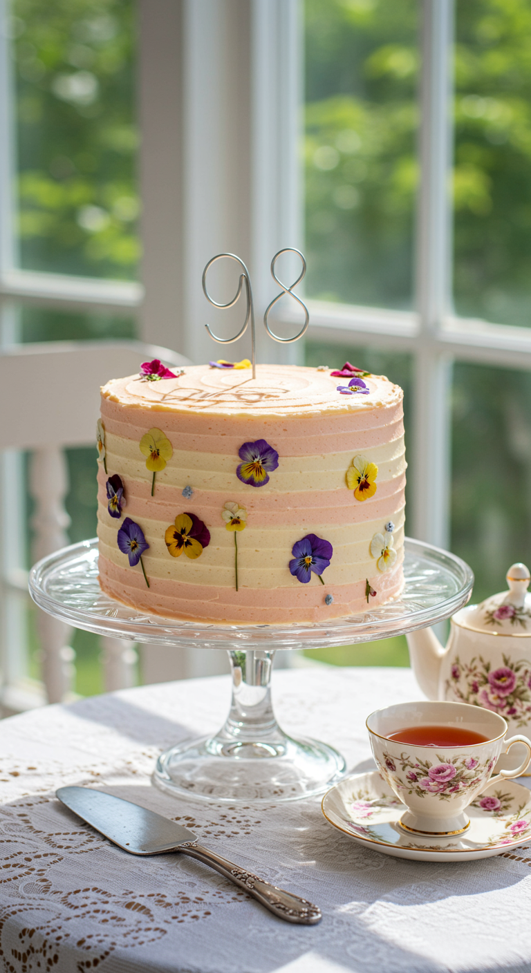 Gestreifte Buttercreme-Torte mit essbaren Blüten und 