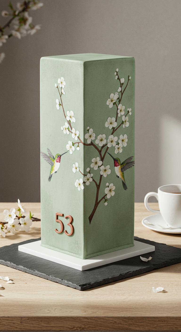 Hohe, eckige, mintgrüne Torte mit handgemalten Kirschblüten, Kolibris und Zahl 53