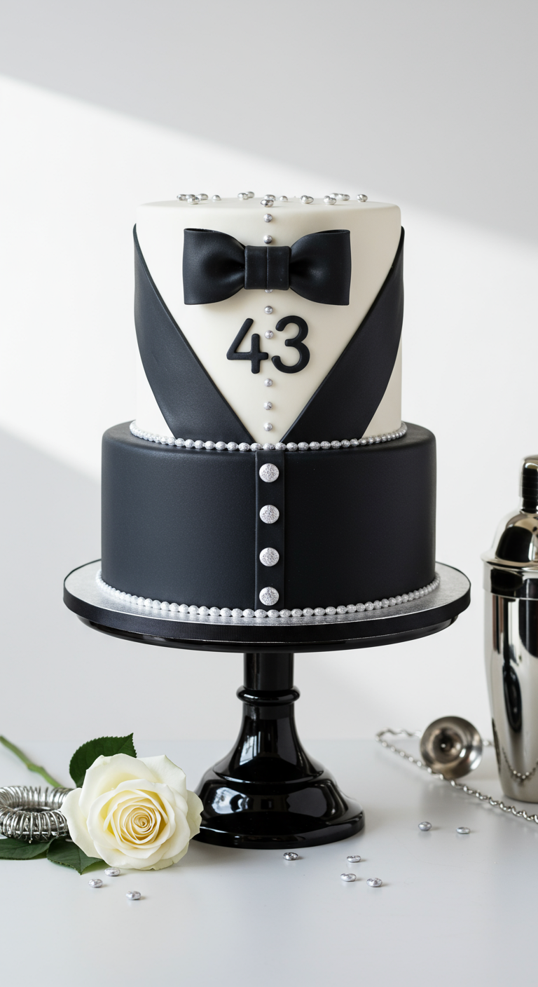 Zweistöckige Torte im Smoking-Design mit Fliege und Zahl 43.