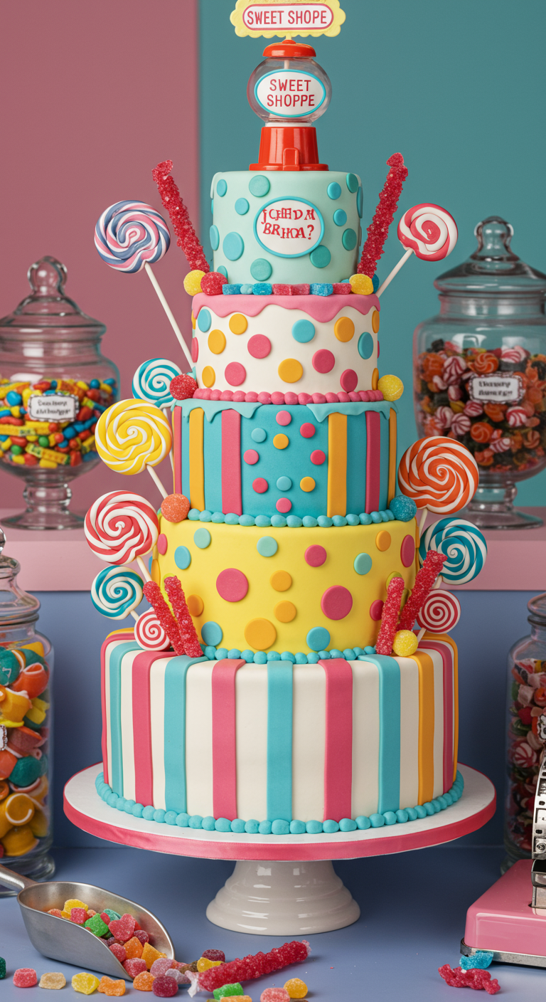 Sehr bunte, mehrstöckige Torte, überladen mit Lollis, Zuckerstangen und Süßigkeiten-Motiven.