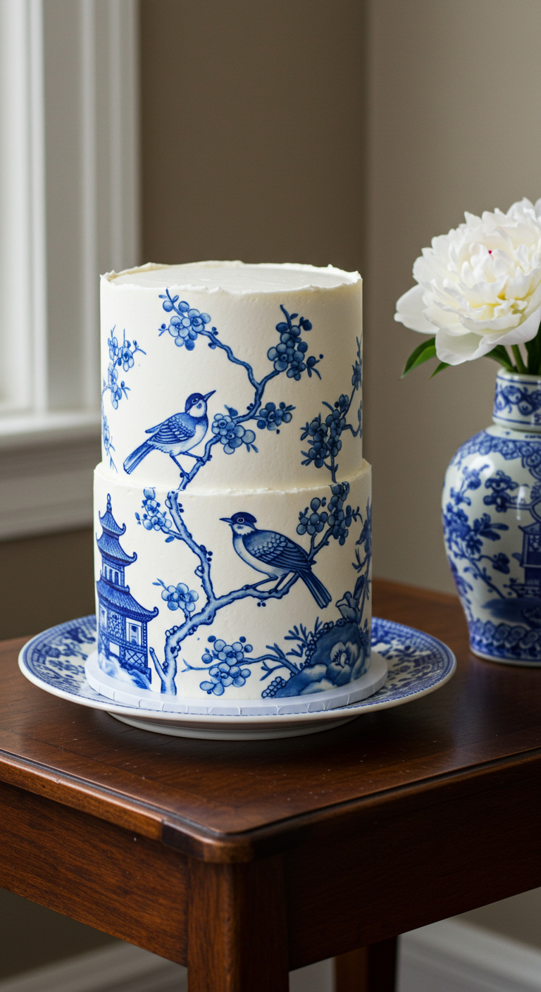 Zweistöckige weiße Torte mit blauem Chinoiserie-Muster (Vögel, Blüten).