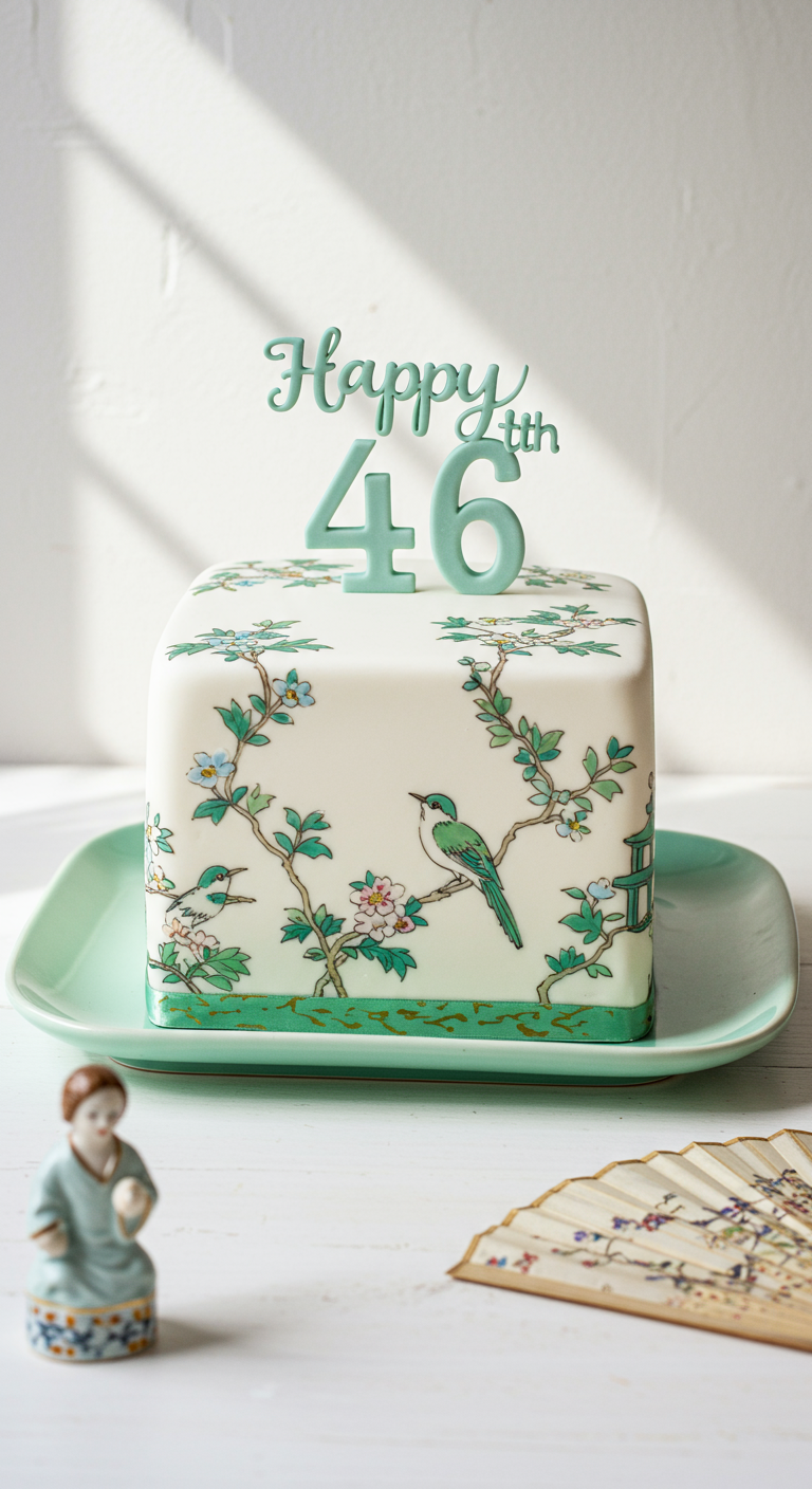 Quadratische weiße Torte mit handgemalten Vögeln und Blüten im Chinoiserie-Stil.