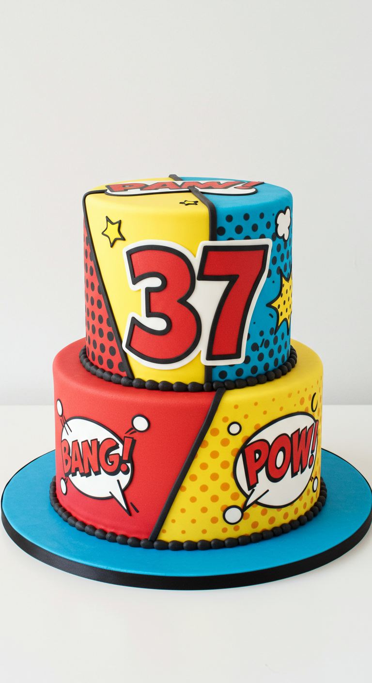 Zweistöckige Torte im Comic-Stil mit „Bang!“, „Pow!“ und großer „37“.