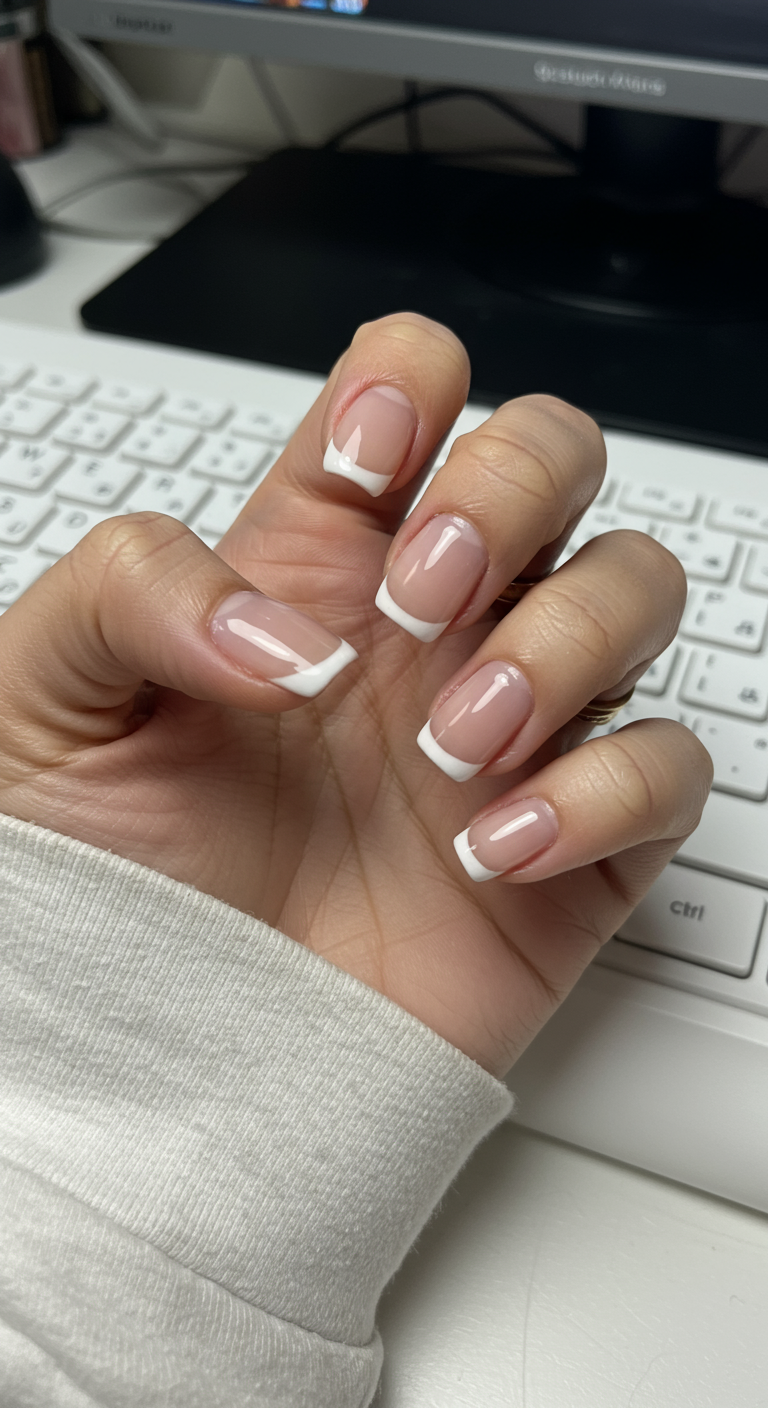 Kurze eckige Nägel mit scharfen, sauberen weißen French-Tips.