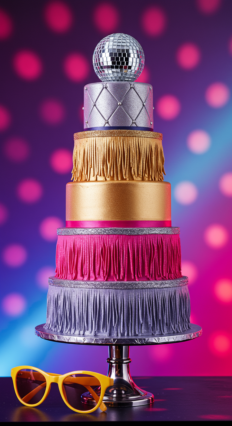 Mehrstöckige Torte mit Discokugel-Topper und Fransen-Dekor in Pink, Gold und Silber.
