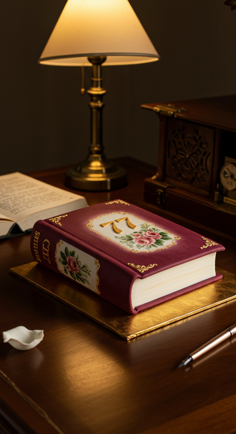 Torte in Form eines aufgeschlagenen Buches mit floralem Einband und goldener 77.