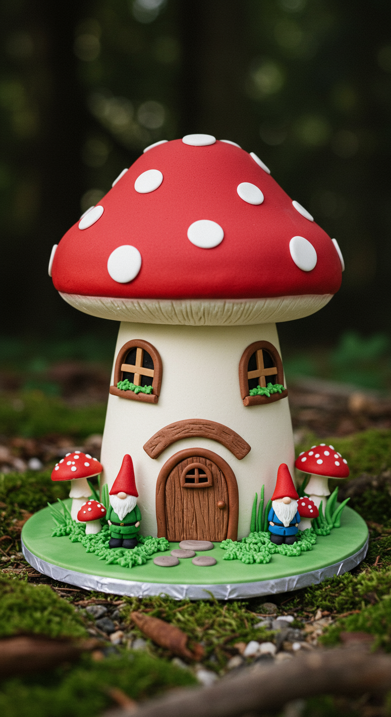 Torte in Form eines Fliegenpilz-Hauses mit kleinen Gnomfiguren.