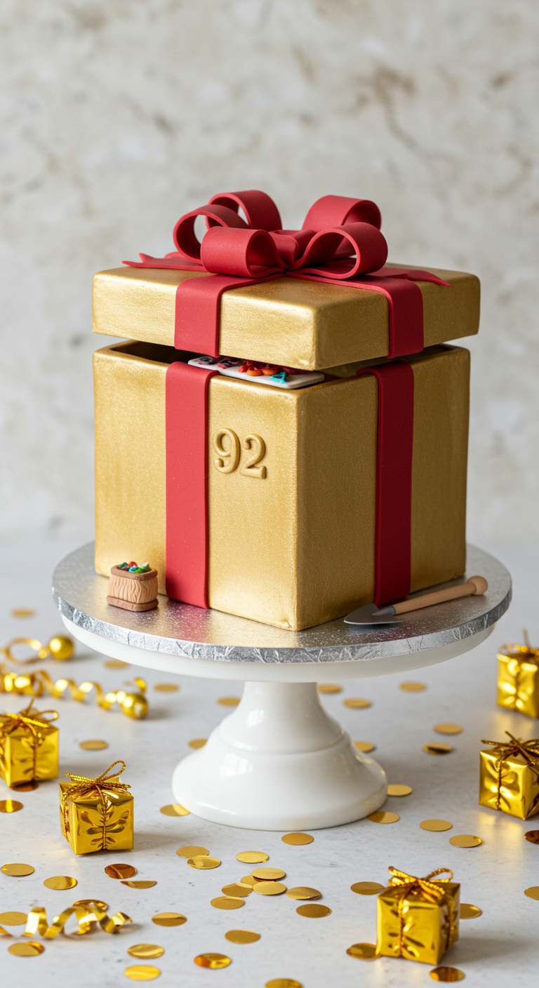 Goldene Torte in Geschenkform mit roter Schleife und Zahl 92.